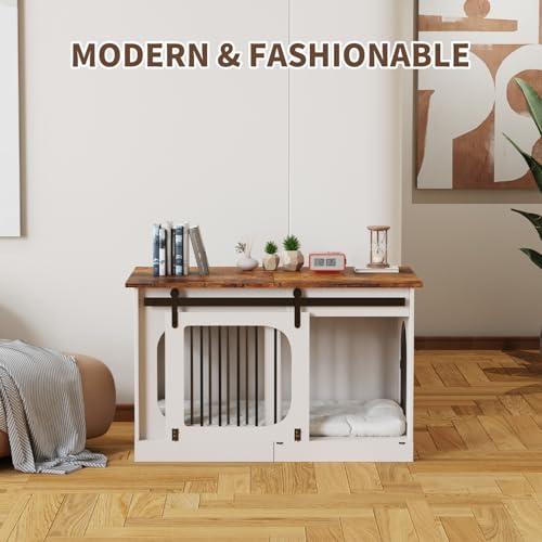 XL Dog Kennel Furniture with Cushion, White Wooden Indoor Pet House S645289
