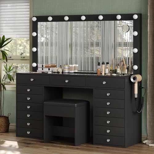 55" Vanity Desk with Charging Station and Lighted Mirror, Black Z765