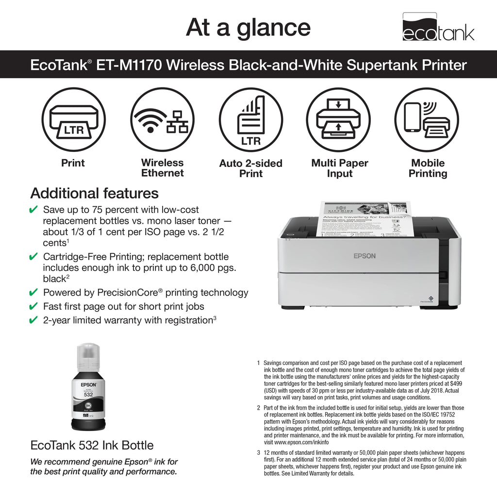Epson EcoTank ET-M1170 Wireless Monochrome Supertank Printer Y449