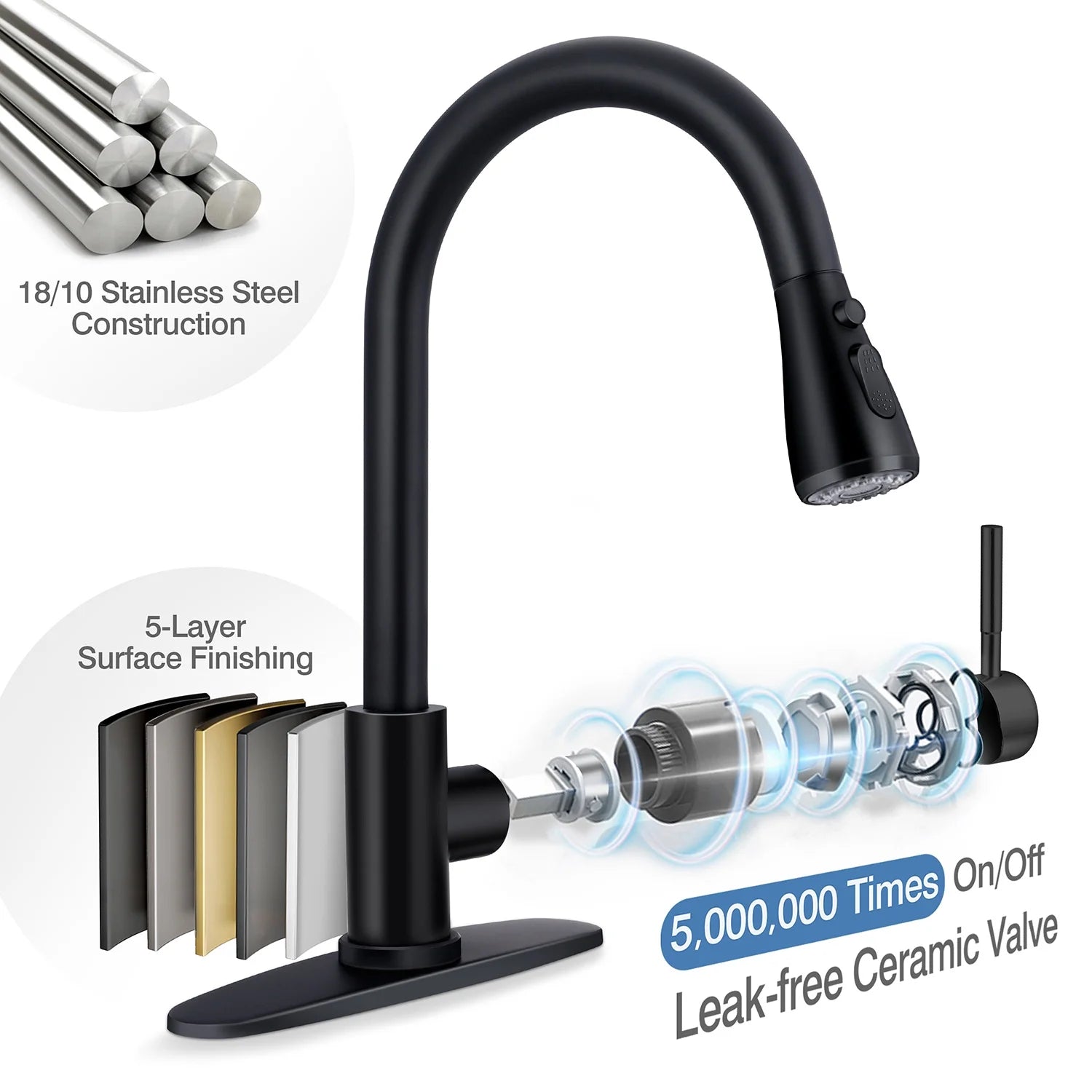 Vesteel Kitchen Sink Faucet with Pull Down Sprayer, Matte Black, Single Handle A936