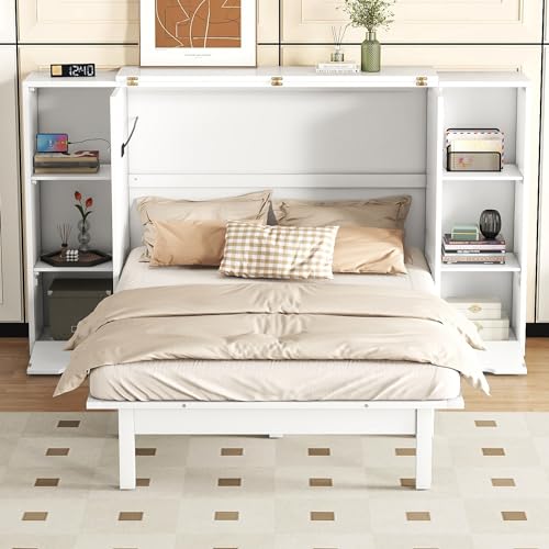 Queen Size Murphy Wall Bed with Storage and Bookcase Headboard, Solid Wood, White F901