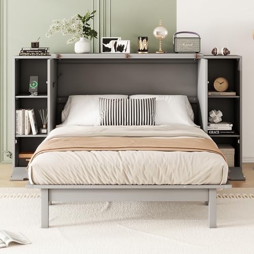 Queen Size Murphy Wall Bed with Storage and Bookcase Headboard, Solid Wood, White F901