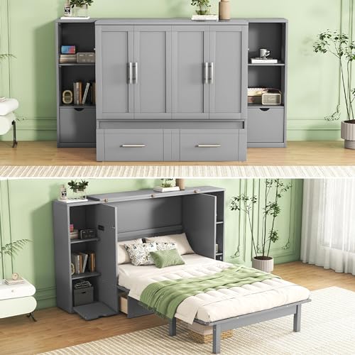 Queen Size Murphy Wall Bed with Storage and Bookcase Headboard, Solid Wood, White F901