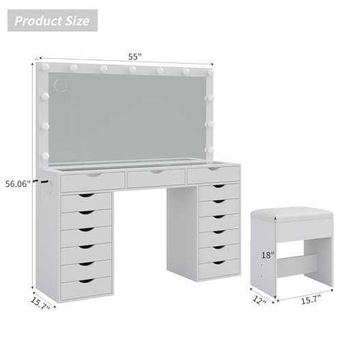 White Vanity Desk with Mirror, Lights, Charging Station and Chair C61521