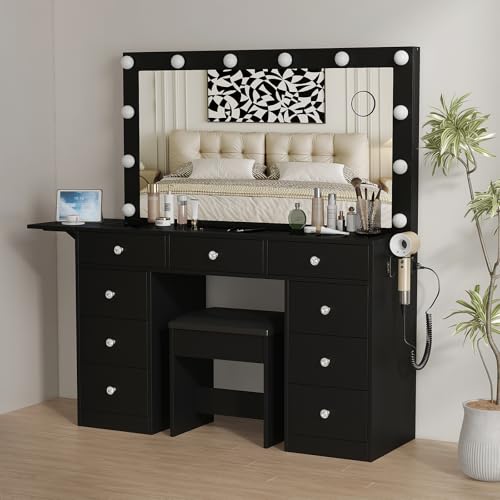 55" Vanity Desk with Charging Station and Lighted Mirror, Black Z765