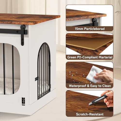XL Dog Kennel Furniture with Cushion, White Wooden Indoor Pet House S645289