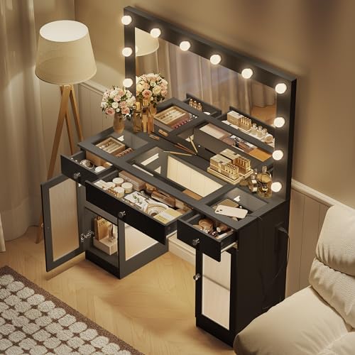 White Vanity Desk with Large Mirror and Lights for Bedroom I153