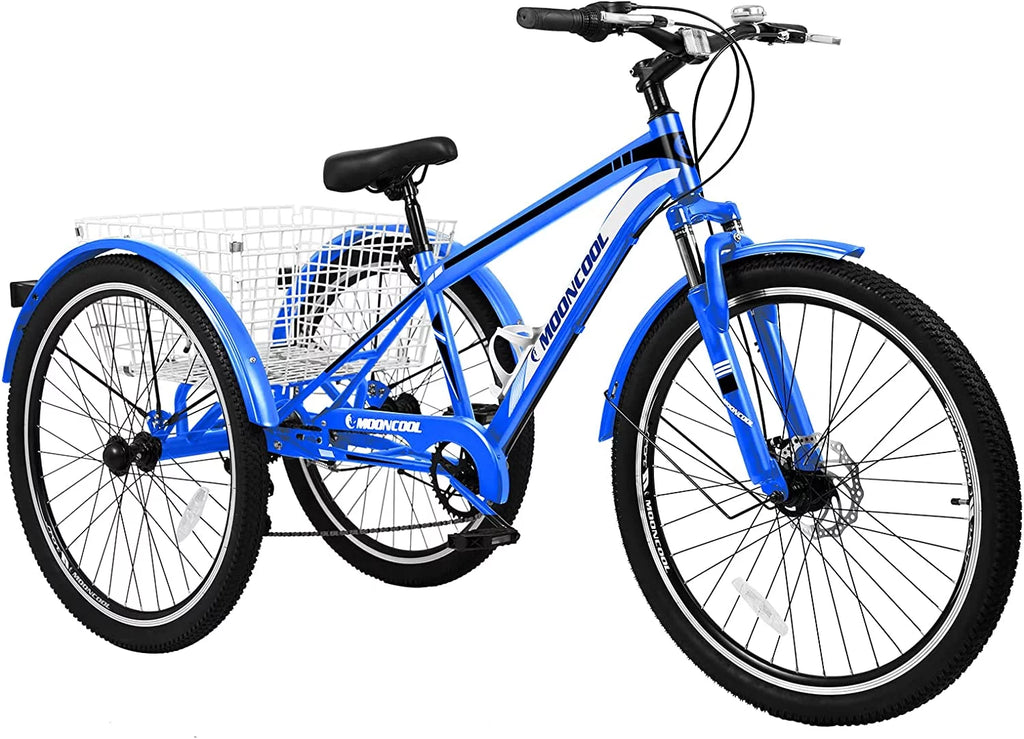 Slsy Mountain Tricycle for Adults, 7 Speed Three Wheel Bike with Cargo Basket I576
