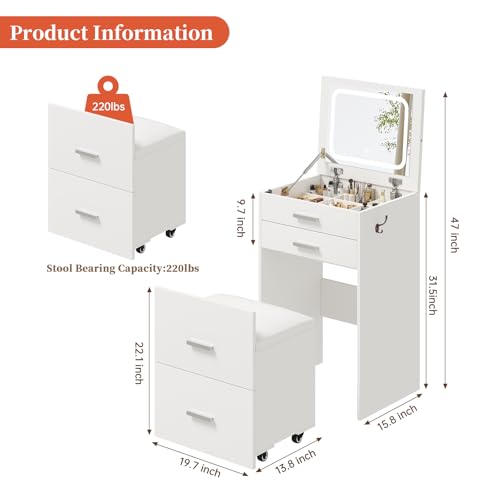 Compact Vanity with 3 Drawers, Makeup Desk with Lighted Mirror and Stool, White P76418