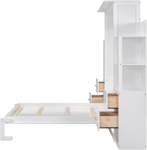 MERITLINE Queen Murphy Bed with Storage Drawers, LED Lights and Shelves, Grey P714