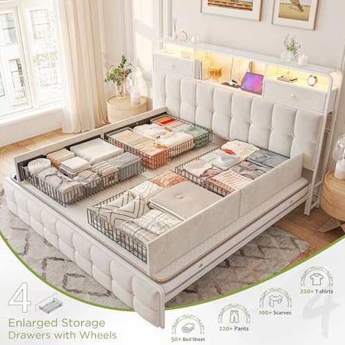 EnHomee King Size Bed Frame with 4 Drawers, Headboard, Charging Station and LED Lights, Grey I310