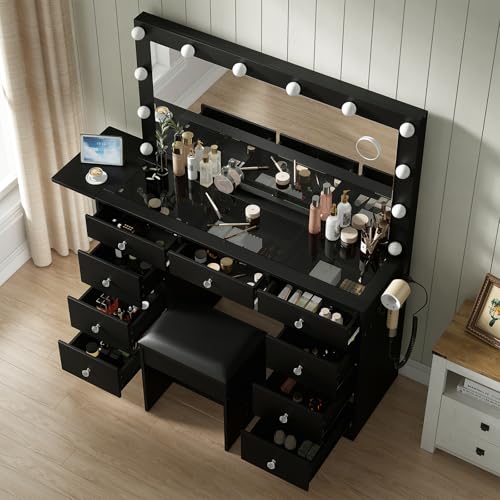 55" Vanity Desk with Charging Station and Lighted Mirror, Black Z765