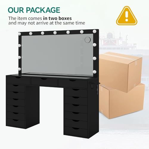 White Vanity Desk with Mirror, Lights, Charging Station and Chair C61521