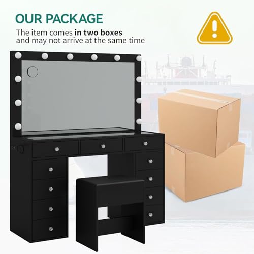 Vanity Desk with Power Outlet, LED Mirror, 11 Drawers and Chair, White H391193