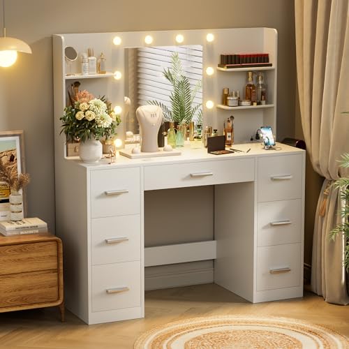 VICTONE Vanity Desk with LED Mirror and Power Outlet, White R87811