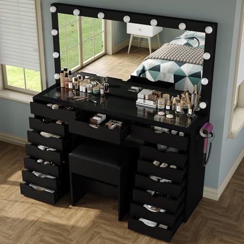 White Vanity Desk with Mirror, Lights, Charging Station and Chair C61521