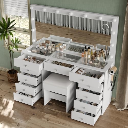 Vanity Desk with Power Outlet, LED Mirror, 11 Drawers and Chair, White H391193