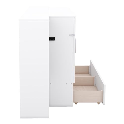 Queen Size Murphy Wall Bed with Storage and Bookcase Headboard, Solid Wood, White F901