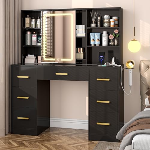 Large Vanity Desk with Mirror and Lights, 7 Drawers, White T162772