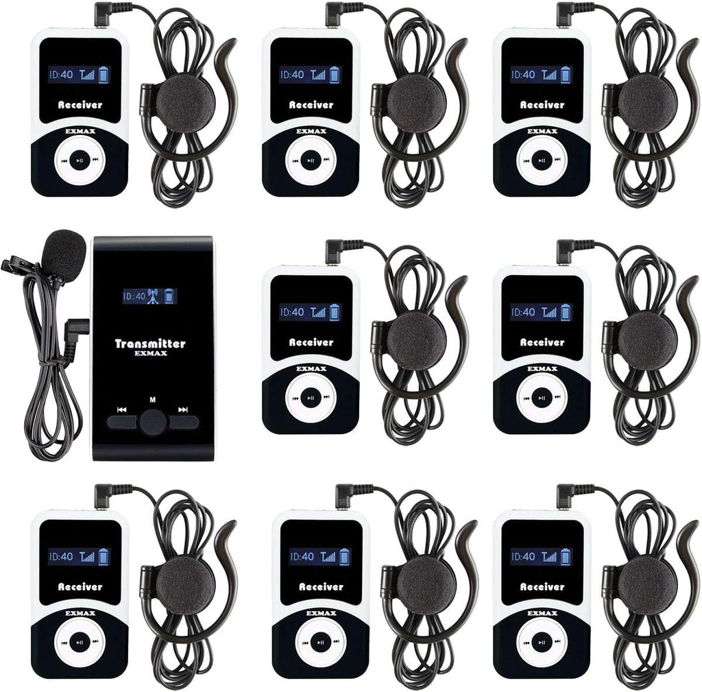 EXMAX EX-100 Wireless Tour Guide System Microphone Earphone Headset for Church Translation Simultaneous Interpreting Teaching Silent Live Conference Travel Interpretation(1 Transmitter 10 Receivers)