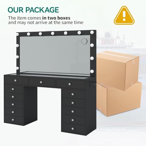 55" Vanity Desk with Charging Station and Lighted Mirror, Black Z765
