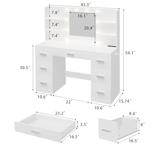 Furmax Vanity Desk with Mirror, LED Lights and Power Outlet, White O83814