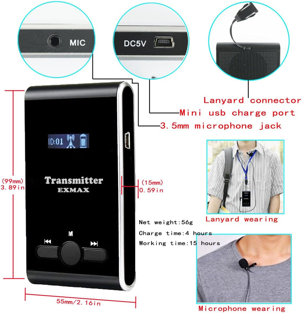 EXMAX EX-100 Wireless Tour Guide System for Church Translation, Teaching, and Conference (1 Transmitter, 10 Receivers) C256540