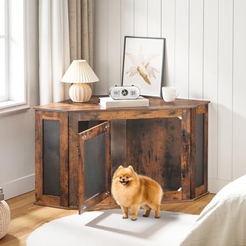 Corner Dog Crate Furniture Wooden Kennel End Table for Small Medium Dogs Greige and Black V3428