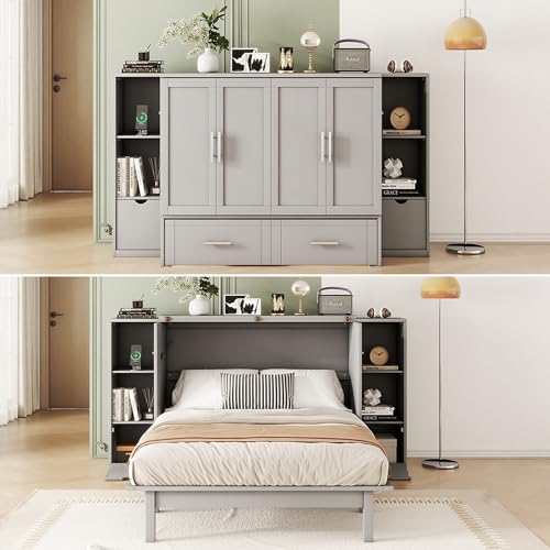 Queen Size Murphy Wall Bed with Storage and Bookcase Headboard, Solid Wood, White F901