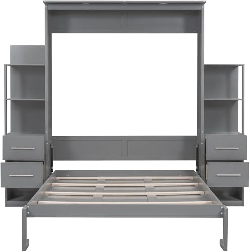 MERITLINE Queen Murphy Bed with Storage Drawers, LED Lights and Shelves, Grey P714