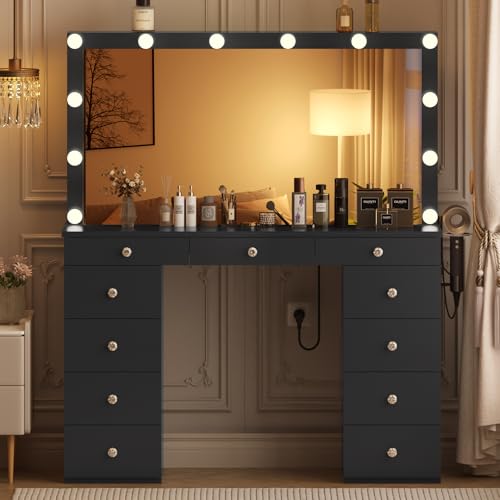 Likein Vanity Desk with Mirror and Lights, White Makeup Dressing Table with 11 Drawers G1478
