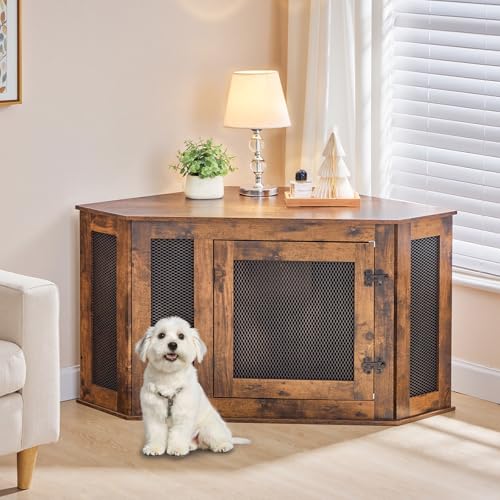 Corner Dog Crate Furniture Wooden Kennel End Table for Small Medium Dogs Greige and Black V3428
