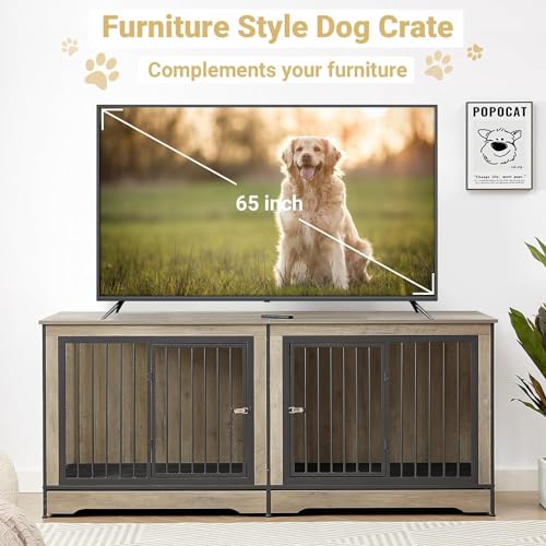 Rovibek 86" Stackable Dog Kennel Furniture with Removable Divider & 3 Doors, Rustic Brown I176