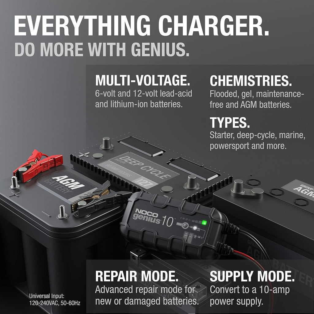 NOCO GENIUS10 10-Amp Smart Charger, 6V/12V Battery Maintainer C362