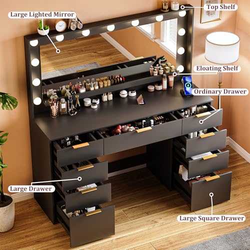 White Vanity Desk with Large Mirror and Lights I322
