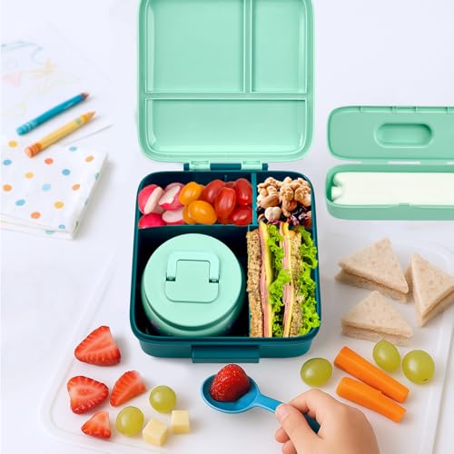 Bento Lunch Box for Kids with 5 Compartments and Thermos, Blue Dinosaur G749
