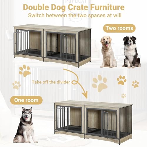 Rovibek 86" Stackable Dog Kennel Furniture with Removable Divider & 3 Doors, Rustic Brown I176