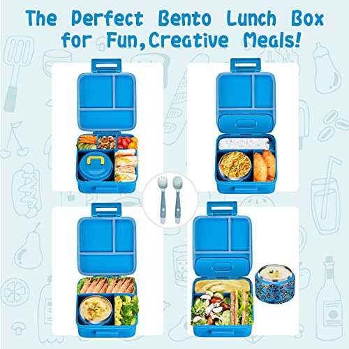 Bento Lunch Box for Kids with 5 Compartments and Thermos, Blue Dinosaur G749