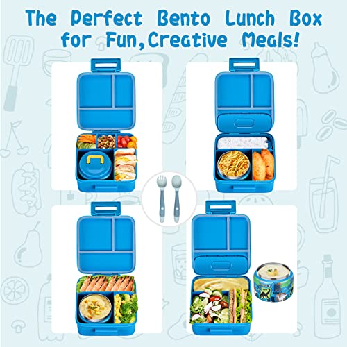 Bento Lunch Box for Kids with 5 Compartments and Thermos, Blue Dinosaur G749