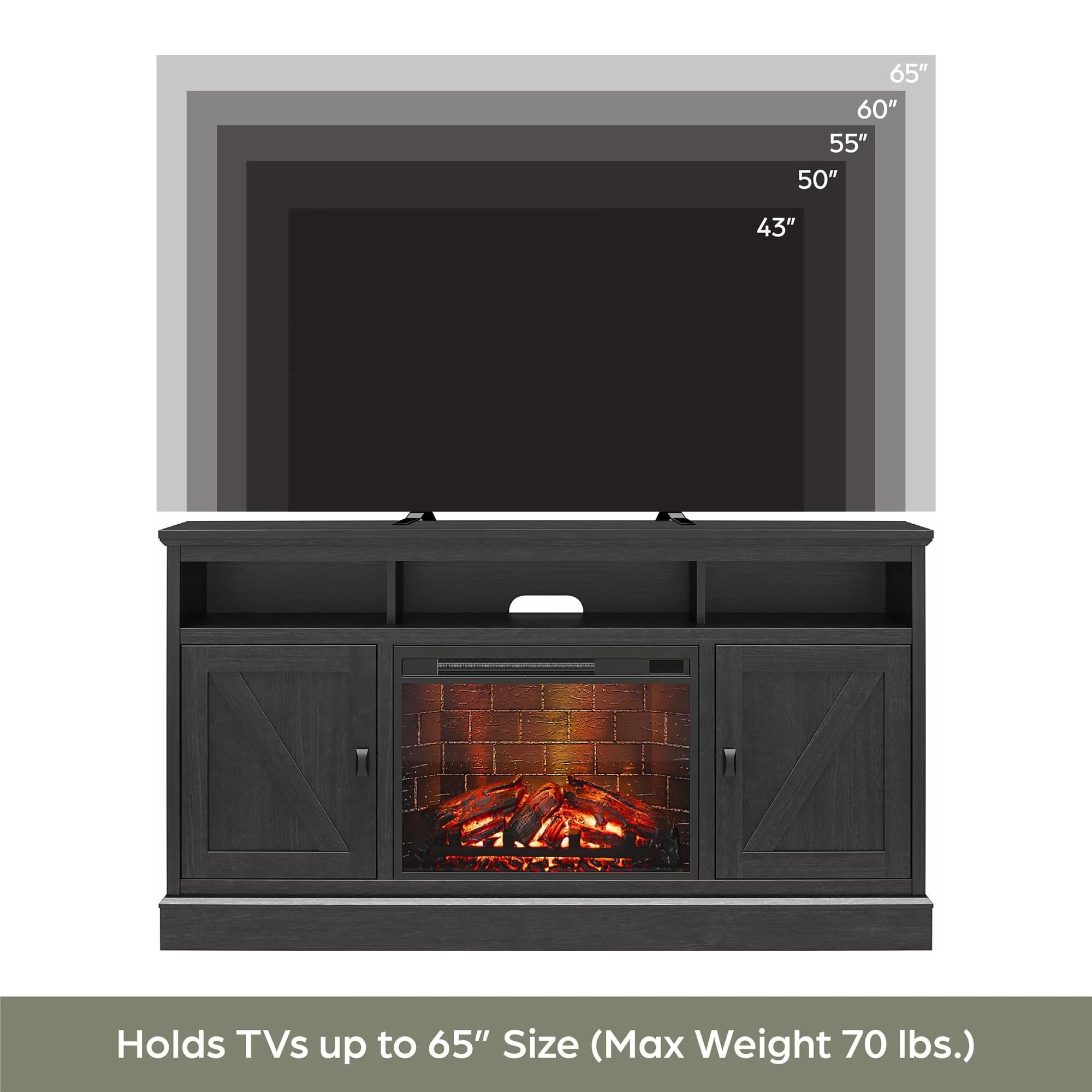 Ameriwood Home Ashton Lane Electric Fireplace TV Stand for TVs up to 65, Black Oak D206311