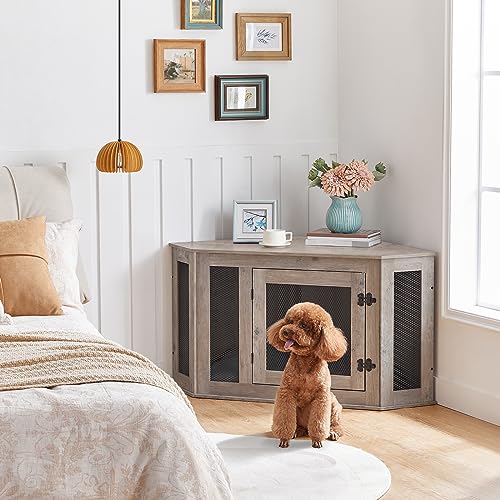 Corner Dog Crate Furniture Wooden Kennel End Table for Small Medium Dogs Greige and Black V3428