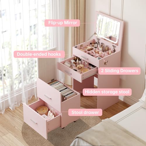 Compact Vanity with 3 Drawers, Makeup Desk with Lighted Mirror and Stool, White P76418