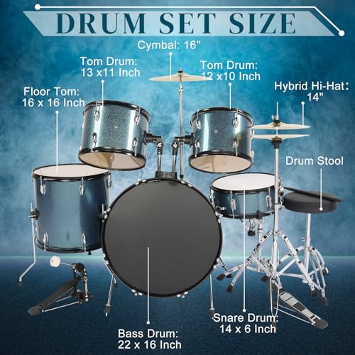 Ktaxon 22 Inch 5-Piece Adult Drum Set with Cymbals and Stool (Blue) G680