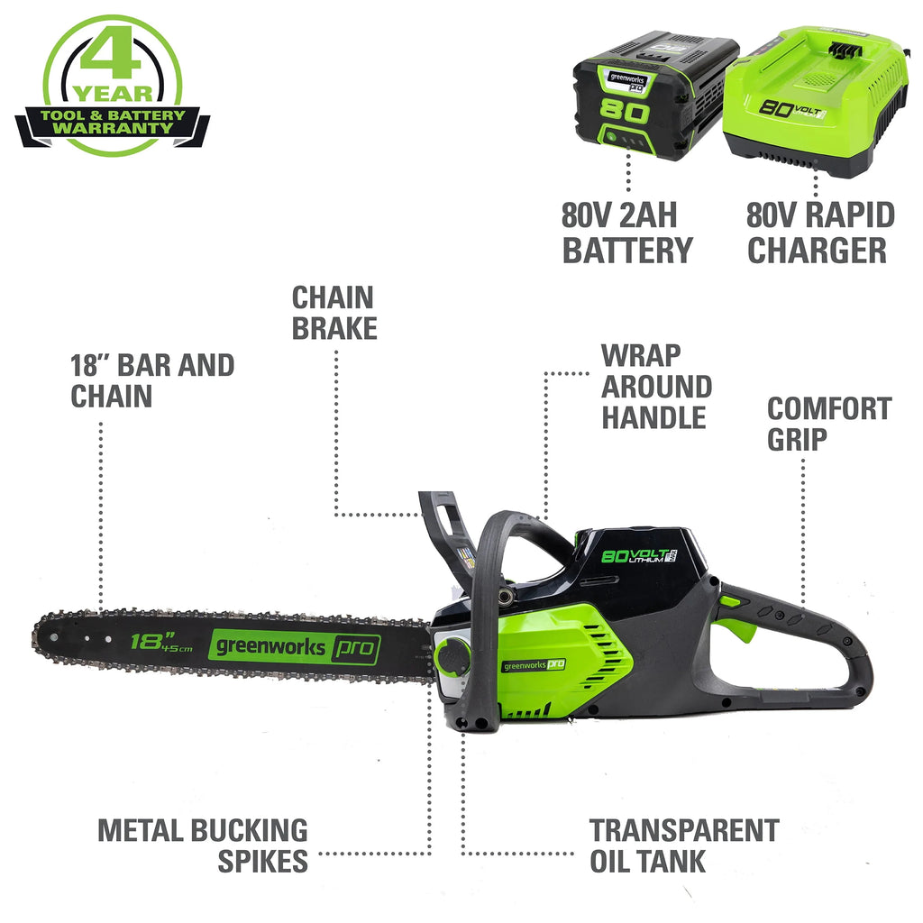 Greenworks 80V 18-inch Cordless Brushless Chainsaw Kit with 2.0 Ah Battery & Charger S659932
