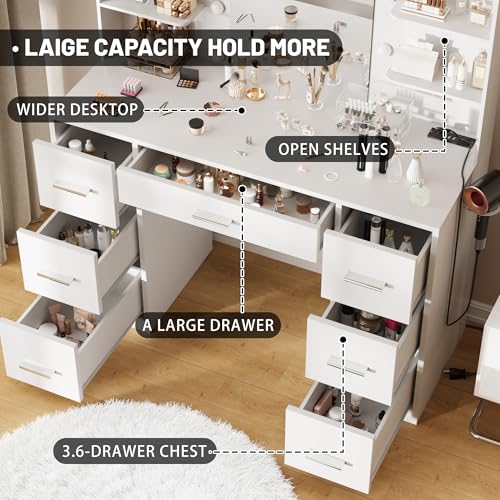 Furmax Vanity Desk with Mirror, LED Lights and Power Outlet, White O83814