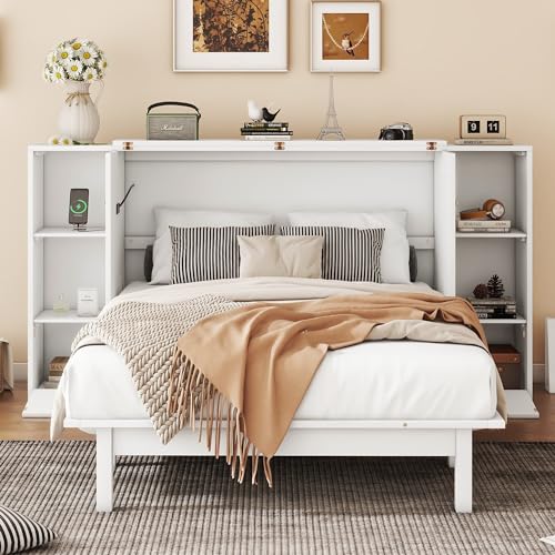 Queen Size Murphy Wall Bed with Storage and Bookcase Headboard, Solid Wood, White F901