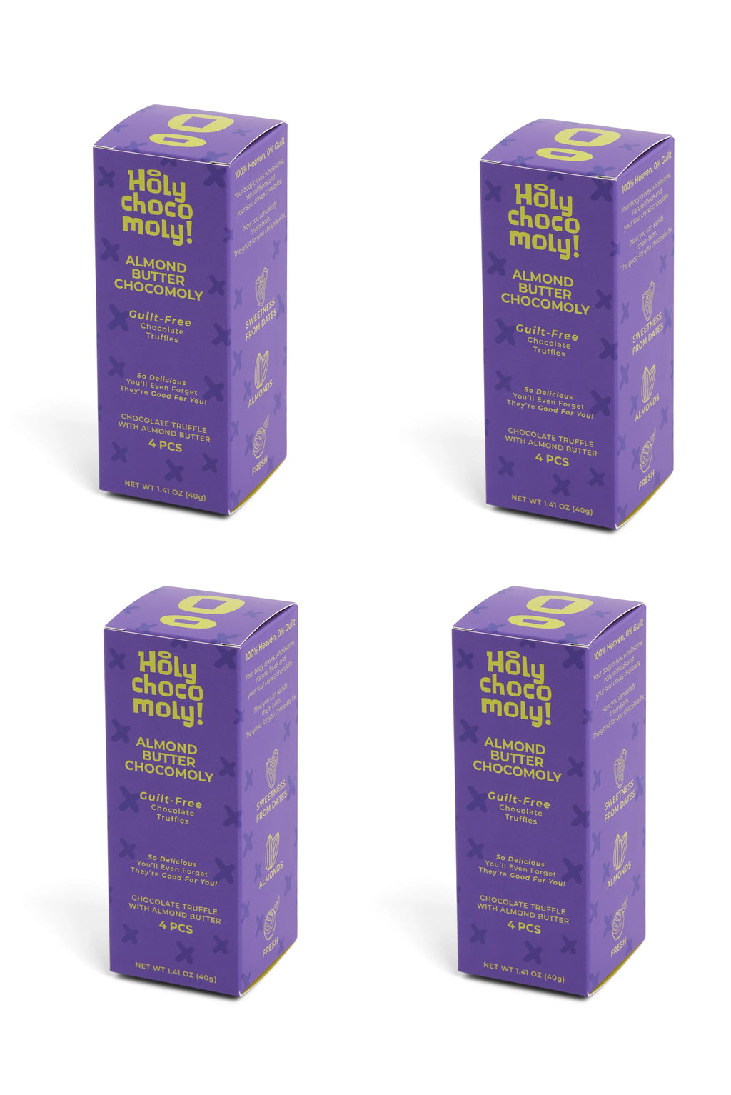 Holy Chocomoly! | 4 Pack Almond Butter Chocolate Truffles | Low in Refined Sugar, Whole Food Ingredients | Made With Dates and Real Nut Butters | On the Go Snacks | 4 Truffles/Box, 16 Count