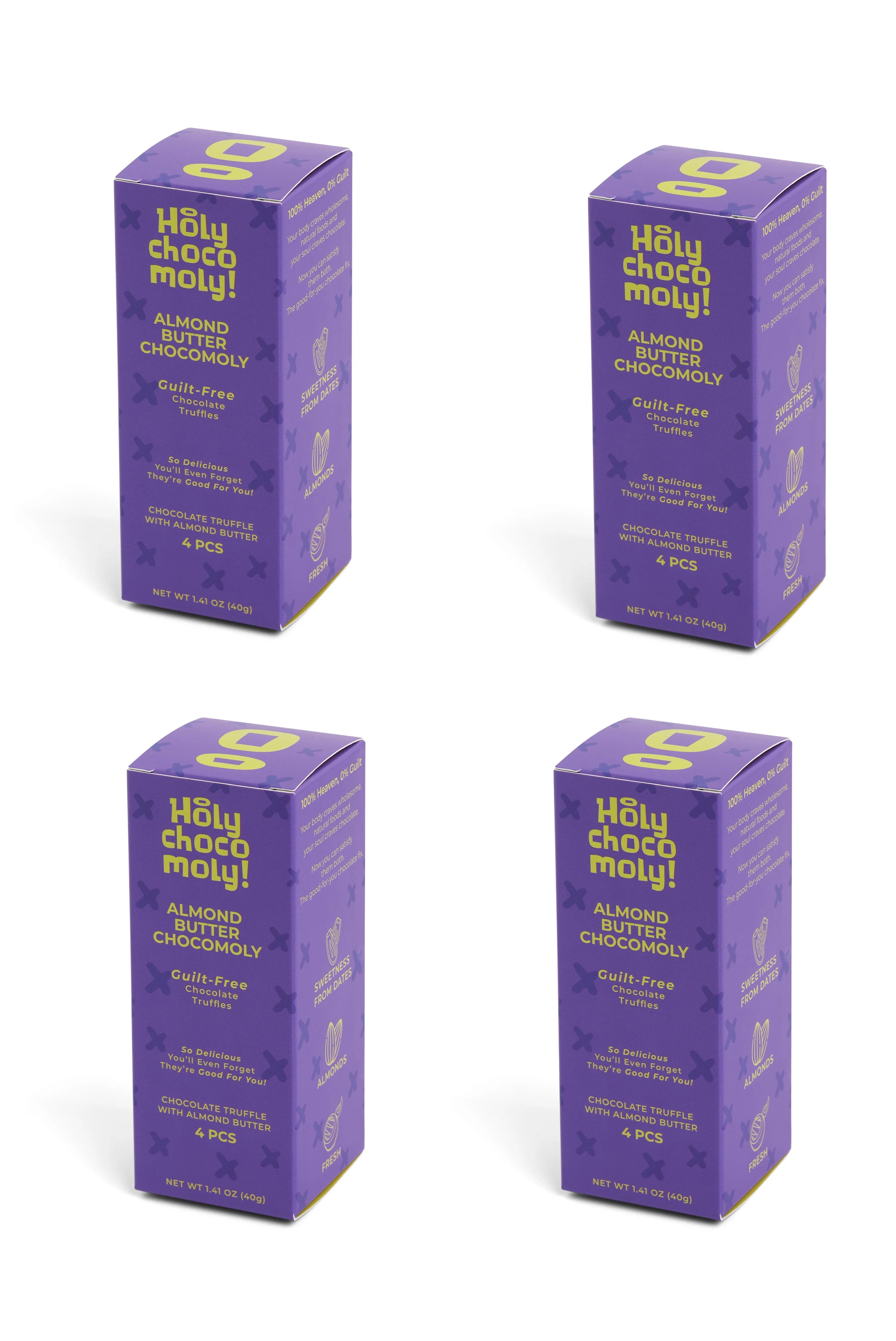 Holy Chocomoly! | 4 Pack Almond Butter Chocolate Truffles | Low in Refined Sugar, Whole Food Ingredients | Made With Dates and Real Nut Butters | On the Go Snacks | 4 Truffles/Box, 16 Count