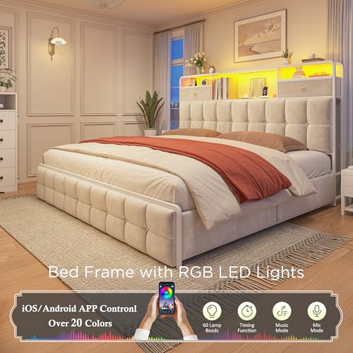 EnHomee King Size Bed Frame with 4 Drawers, Headboard, Charging Station and LED Lights, Grey I310