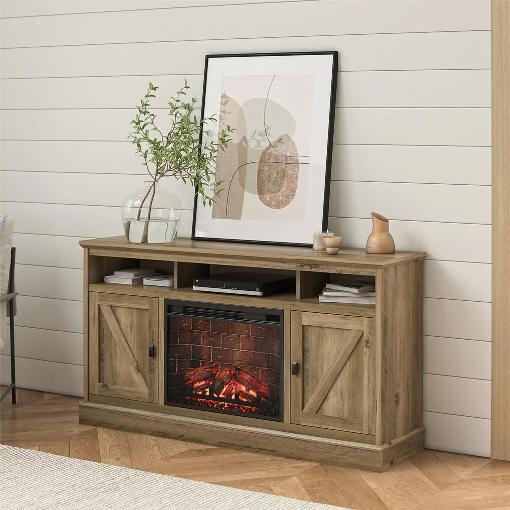 Ameriwood Home Ashton Lane Electric Fireplace TV Stand for TVs up to 65, Black Oak D206311